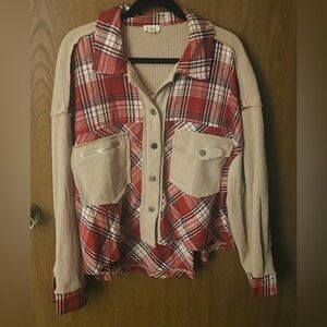 POL Red Plaid and Beige Waffle Button Down Top - Size Large - NWOT